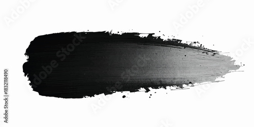 Abstract black and gray ink brush stroke on white background with dynamic sweeping motion and splatter effects.glitches on a pristine white background, forming an abstract pattern.