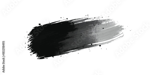 Abstract black and gray ink brush stroke on white background with dynamic sweeping motion and splatter effects.glitches on a pristine white background, forming an abstract pattern.