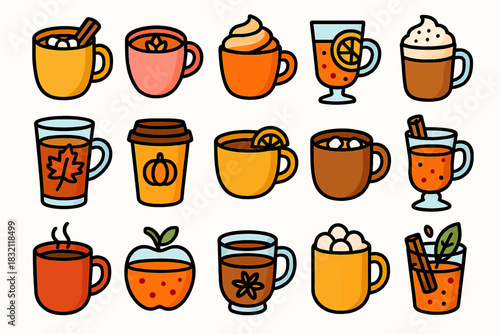 Colorful assortment of autumn-themed beverages in various mugs and cups