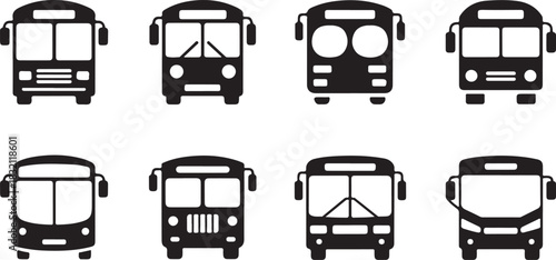 Eight different black bus icons display different design features and attributes on a white background