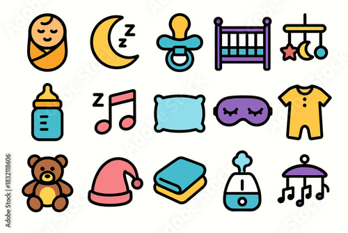 Colorful baby and sleep icons including toys and nursery items