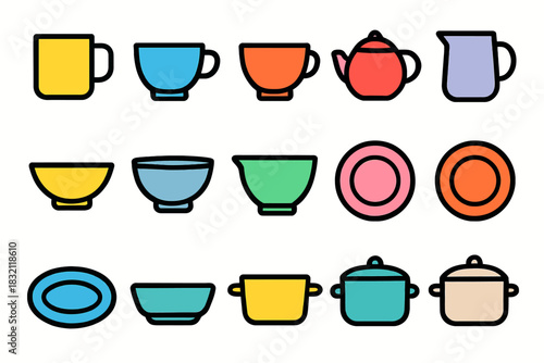 Colorful collection of cups, teapots, jugs, bowls, plates, and pots