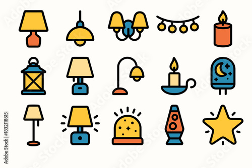 Colorful collection of various lamp and light icons in cartoon style
