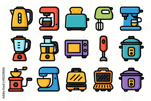 Collection of colorful kitchen appliances icons in flat style