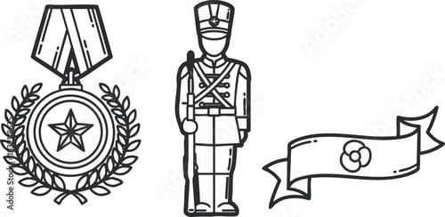 A military medal, soldier figure, and ribbon banner in black outline vector style, suitable for commemorative designs and military themes