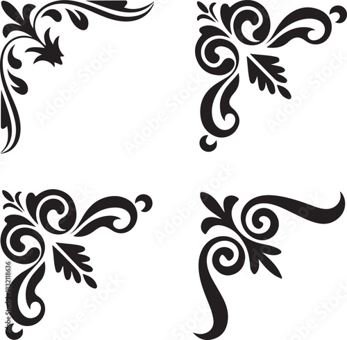 Four black floral corner elements add a refined and elegant touch on transparent background