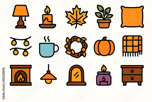Cozy autumn icon set featuring candle, pumpkin, and warm elements
