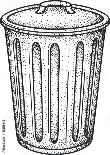 A vintage-style trash bin with vertical slits in black and white vector illustration, ideal for waste management design