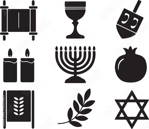 Jewish symbolic set features Torah scroll, Kiddush cup, Hanukkah menorah and Star of David in monochrome