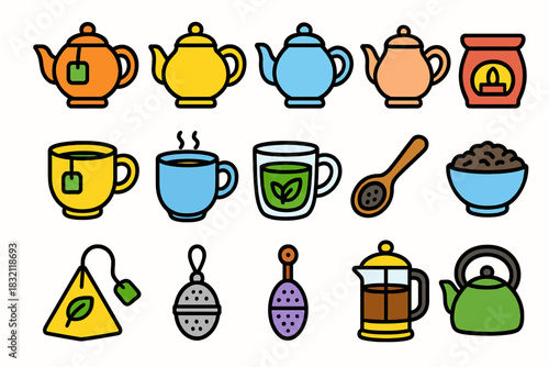 Colorful tea icons set featuring kettles, cups, and accessories