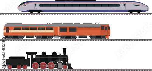 Evolution of Train Technology: Steam Locomotive, Vintage Passenger Train, and Modern High-Speed Rail on Parallel Tracks for Transportation Concept