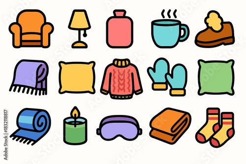 Cozy winter essentials: sweater, blanket, hot drink, warm boots, comfortable chair