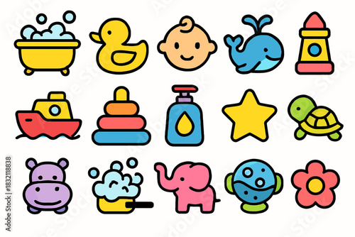 Colorful cartoon baby icons: bath time, toys, animals, and shapes