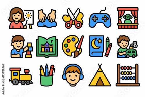 Colorful children’s activities icons: art, games, music, play, reading, crafts