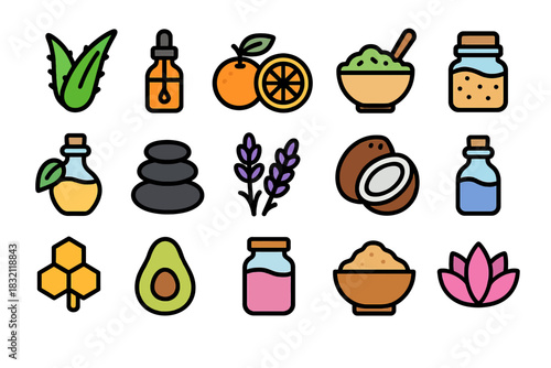 Aromatherapy and natural wellness icons featuring oils, fruits, and plants