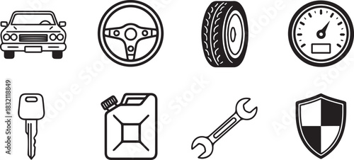 Automotive Icons Car Steering Wheel Tire Speedometer Key Gas Can Wrench Shield.