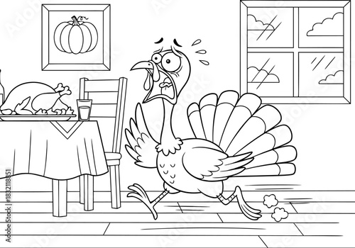 Amusing cartoon turkey fleeing a festive meal engaging holiday coloring pages for children