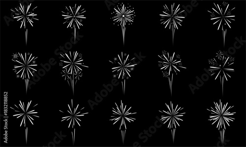 various shapes of fireworks exploding images, isolated on a black background.vector