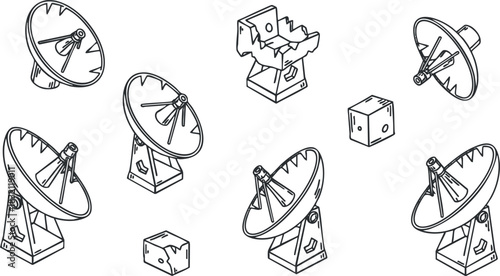 A set of satellite dishes and a cube in black outline vector style, ideal for technology and communication projects