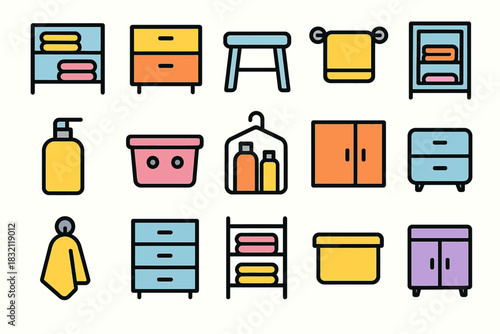 Colorful bathroom essentials and storage icons collection