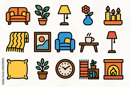 Cozy home essentials: furniture, decor, and accessories icons