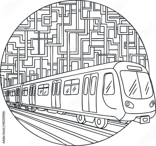 A subway train traveling through an abstract geometric pattern in black and white line art style, suitable for urban design projects