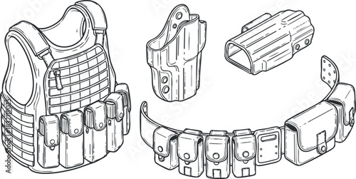 A tactical vest with holsters and pouches in detailed black and white vector style, ideal for military and outdoor gear design