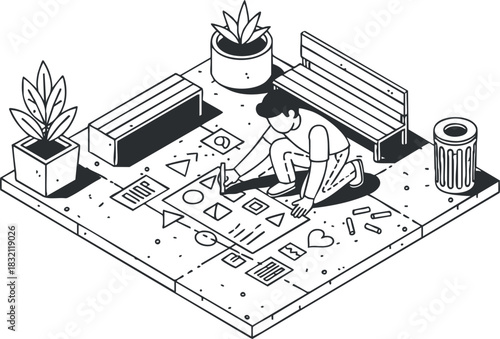 A person sketching geometric shapes and designs on a pavement in a minimalist isometric vector style, suitable for urban art projects and creative themes