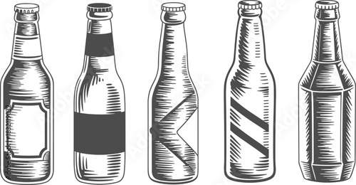 Hand-Drawn Beer Bottle Illustrations with Unique Label Designs – Monochrome Sketches for Branding, Packaging, and Beverage Concept Art