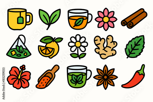 Colorful assortment of tea ingredients and herbal teas with spices and flowers