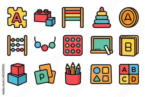 Educational toy icons set featuring blocks, puzzles, and abacus for children's learning