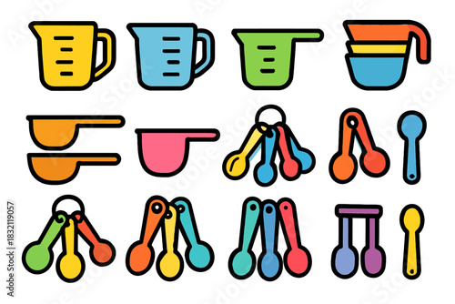 Colorful assorted measuring cups and spoons collection in multiple designs
