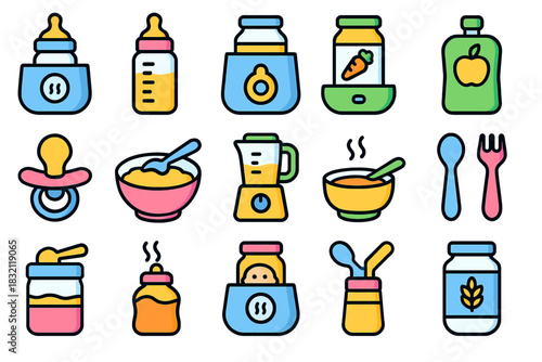 Colorful baby food icons featuring bottles, jars, and utensils