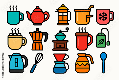 Colorful beverage icons: teapots, coffee makers, cups, kettle, grinder, whisk, spoon