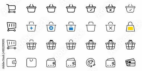 Collection of hand drawn shopping cart and basket icons with various symbols and colors