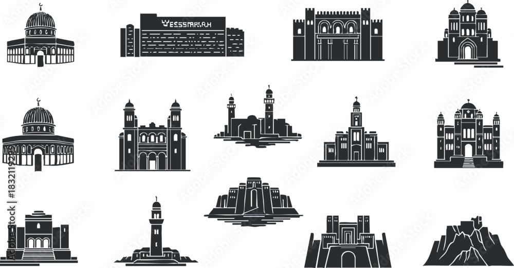 Fototapeta premium A collection of iconic buildings and landmarks in black and white vector style, perfect for travel and tourism designs