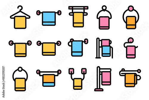 Colorful towel icons on racks and hangers