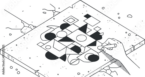 A hand sketching abstract shapes and geometric patterns in a minimalist black and white vector style, ideal for creative projects.