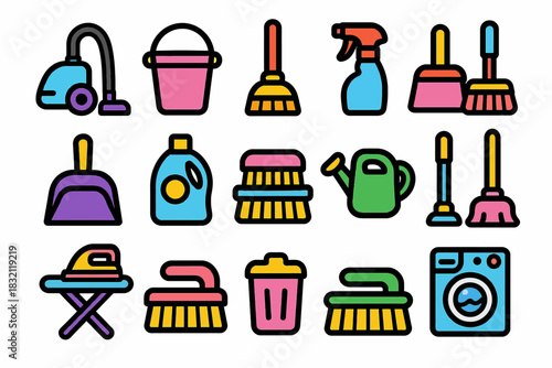 Colorful cleaning tools icons set for household chores