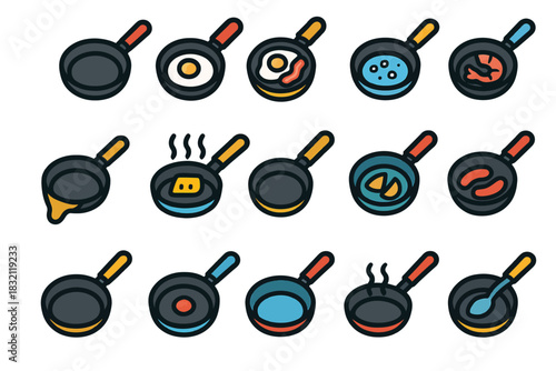 Colorful cartoon frying pans with various cooking ingredients
