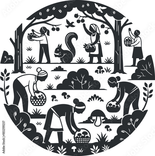 A community of people harvesting fruits and mushrooms in a black and white silhouette vector style, perfect for nature-themed projects