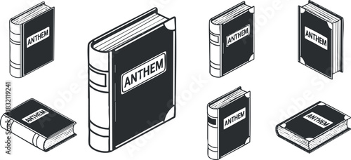 A collection of books with the title 'ANTHEM' in geometric black and white vector style, perfect for educational and literary themes