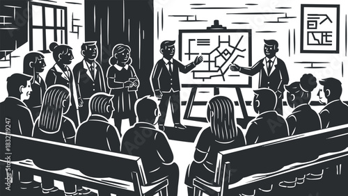 A business meeting with a presentation on a planning chart in black and white vector style, suitable for corporate training materials