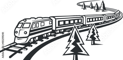 A train traveling along a winding track surrounded by trees in black and white outline vector style, ideal for travel-themed designs