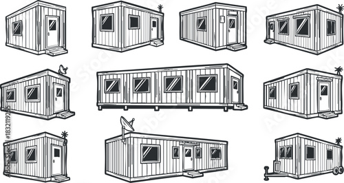A collection of various cabin designs in black and white outline vector style, perfect for architectural projects and outdoor themes