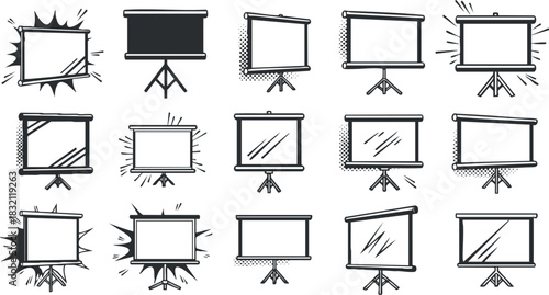 A collection of various presentation screen icons in black and white outline vector style, suitable for educational and business projects