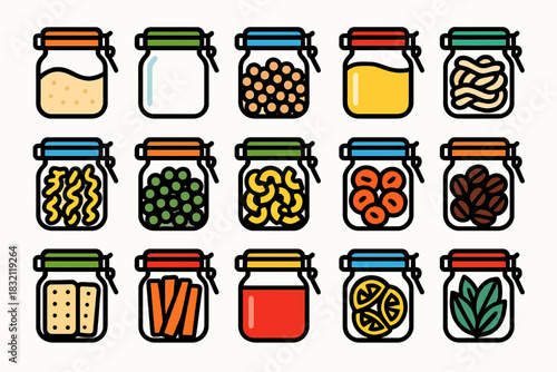 Colorful jars of food items: pasta, spices, vegetables, and more
