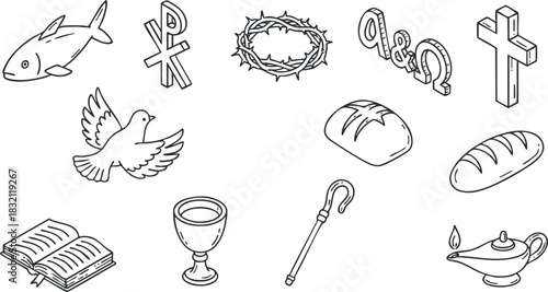 A collection of Christian symbols including a fish, dove, crown of thorns, cross, and bread in outline vector style, suitable for religious designs and illustrations