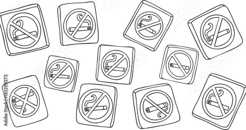 A collection of no smoking signs and symbols in black and white outline vector style, suitable for public health campaigns