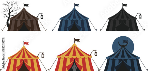 Vector collection of striped circus and carnival tents featuring spooky Halloween designs with lanterns and creepy trees isolated on white.